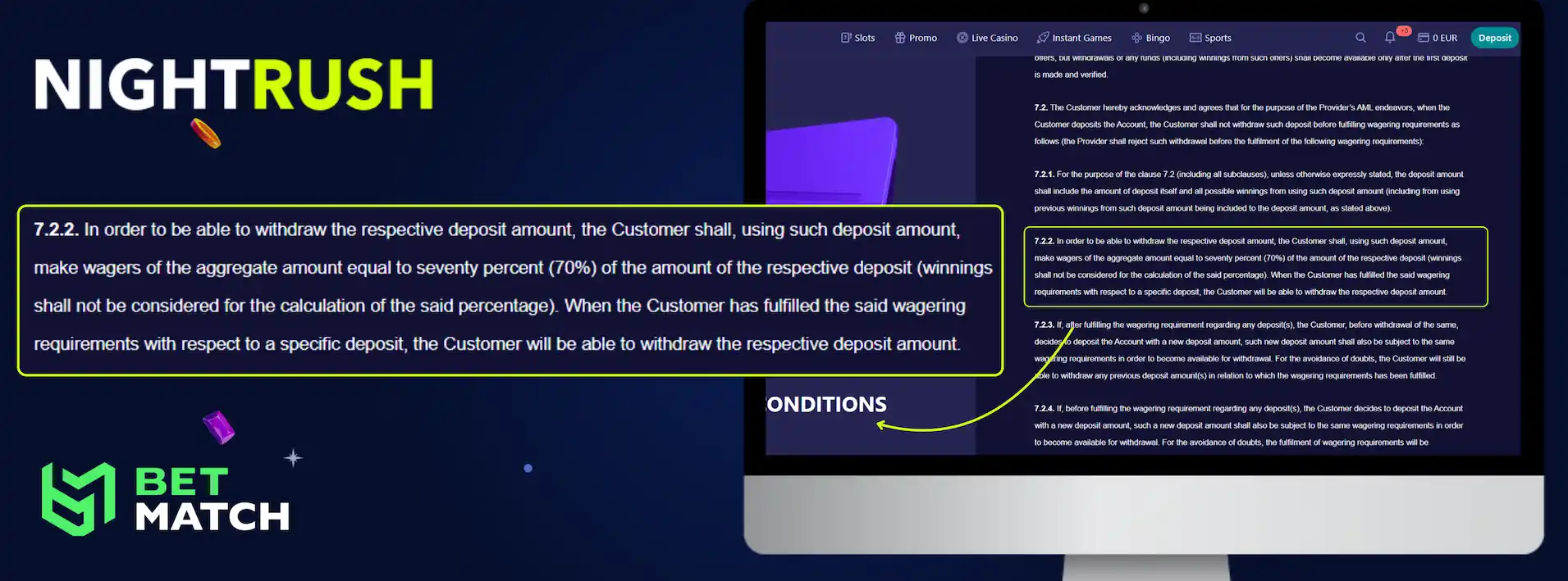 Betmatch Casino's term about the 70% turnover rule against a blue background.