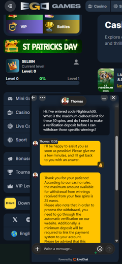Live chat conversation on EgoGames Casino against a grey background.