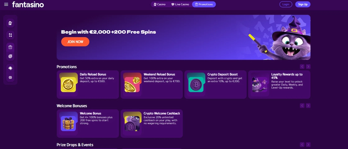 Screenshot of Fantasino Promotions page.
