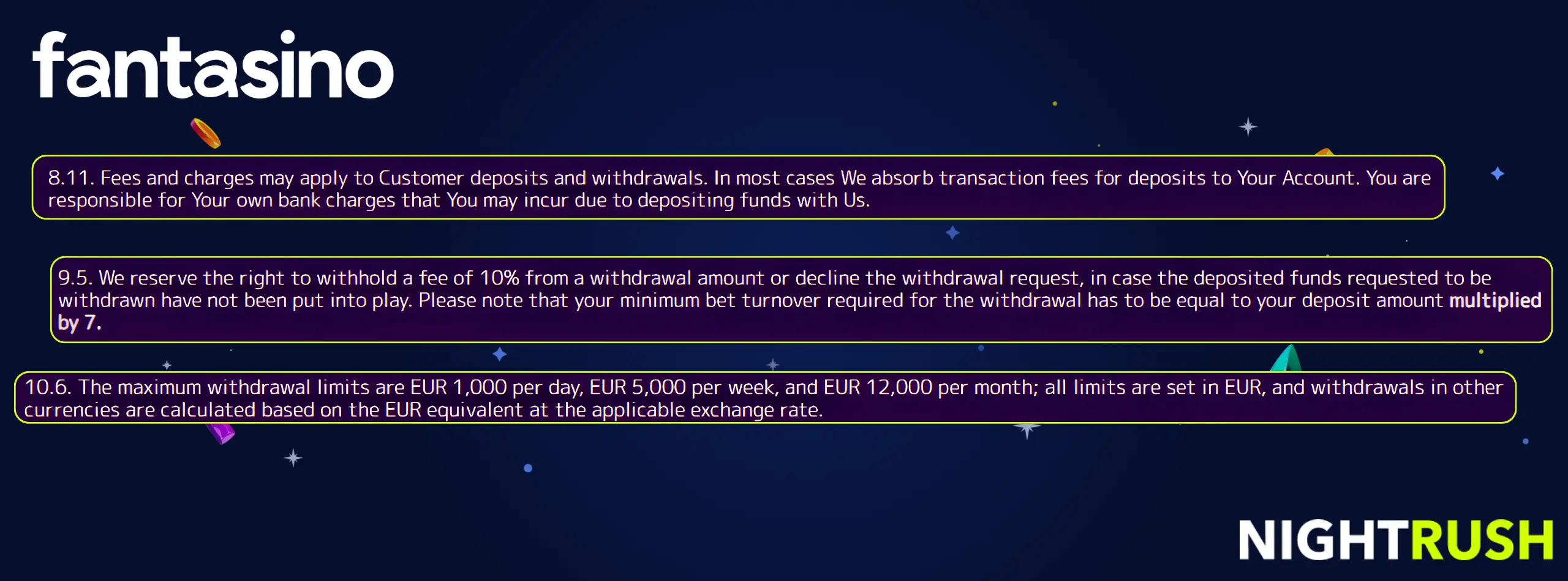 Fantasino banner detailing withdrawal fees, turnover rules, and limits on a space-themed background.