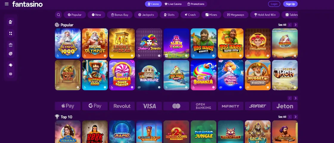 Screenshot of Fantasino Casino games lobby.