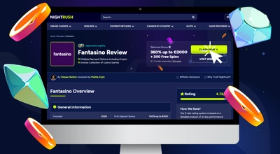 The laptop shows the Nightrush website Fantasino casino review.