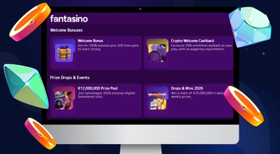 The laptop shows the Fantasino casino’s welcome bonuses.