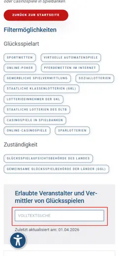 Screenshot of GGL mobile website, callout box indicates to Search tab.