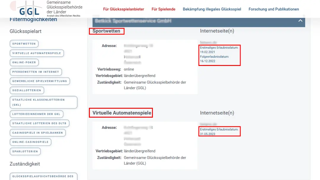 Screenshot of GGL website, callout box indicates to valid status and gambling types.