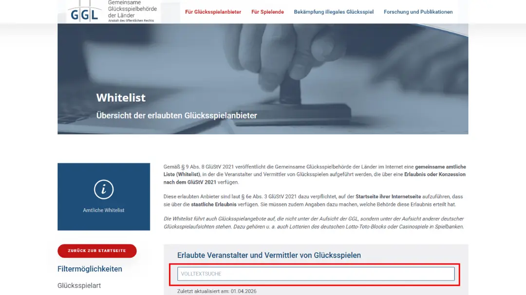 Screenshot of GGL website, callout box indicates to Search tab.