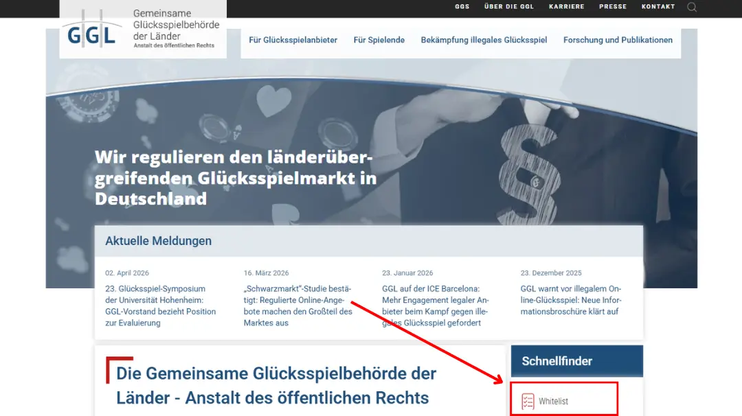 Screenshot of GGL website, arrow indicates to Whitelist.