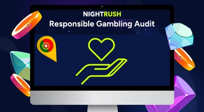Desktop monitor showing Responsible Gambling Audit with a heart icon and Portugal location pin.