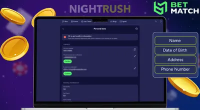 Betmatch's verification on a laptop with coins and a detail button against a purple background.