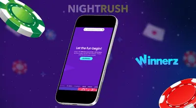 Winnerz’s landing page on a phone with two coins flying against a purple background.