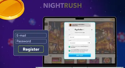 A laptop shows a casino registration form, with floating coins and chips on a purple background.