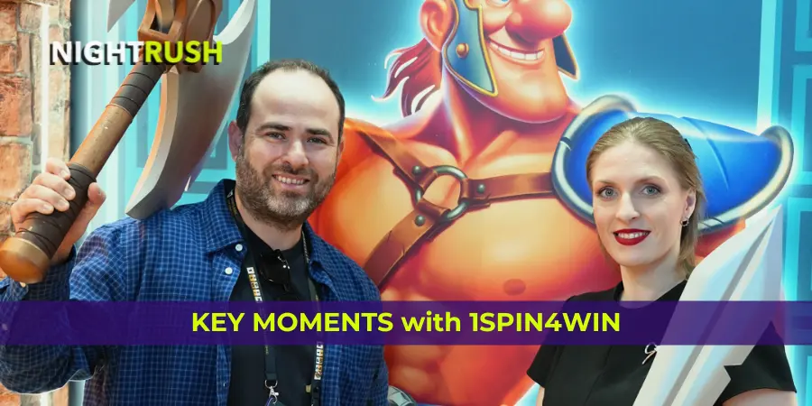 Nightrush and 1spin4win highlight key moments with attendees posing in front of the gladiator-themed slot backdrop during the event.