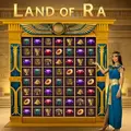 Land of Ra slot interface featuring an Egyptian goddess beside a golden jewel-filled grid.
