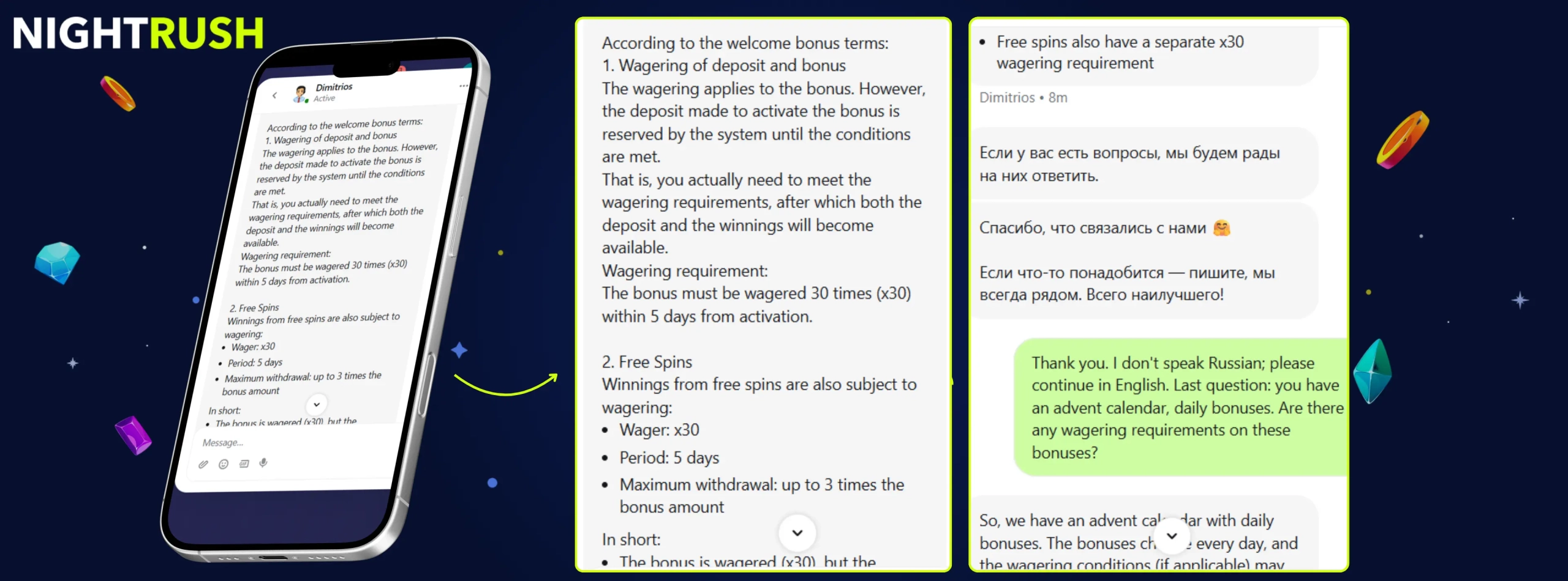 Betmatch's live chat between a Nightrush editor and an agent against a starry background.