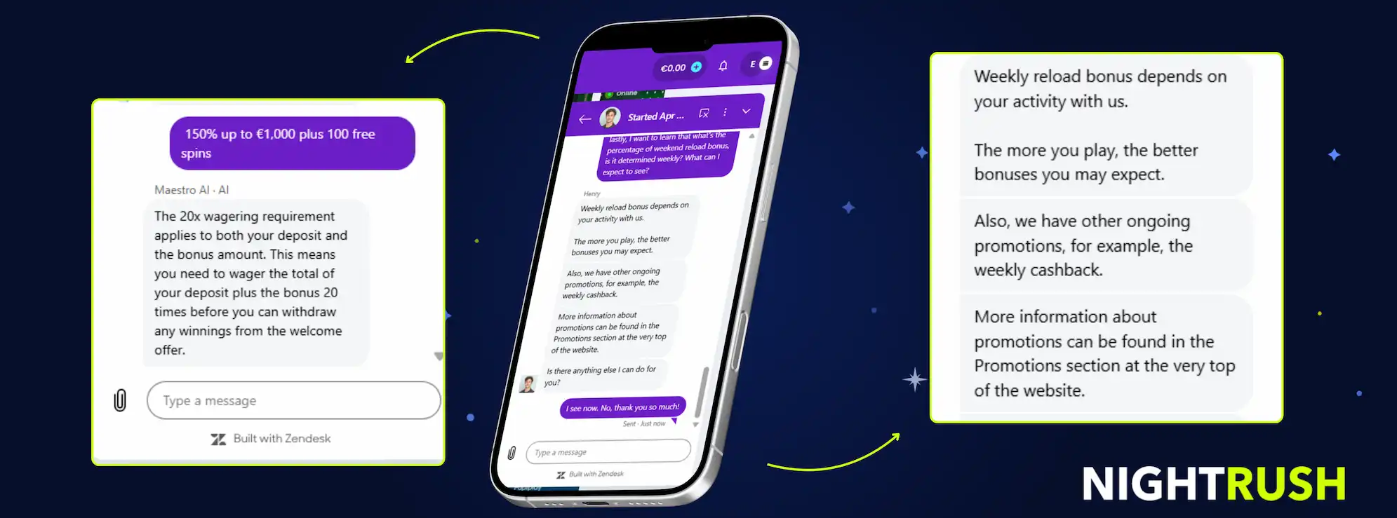 Winnerz Casino's live chat highlighted on a phone against a starry background.