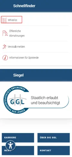 Screenshot of GGL mobile website, callout box indicates to Whitelist.