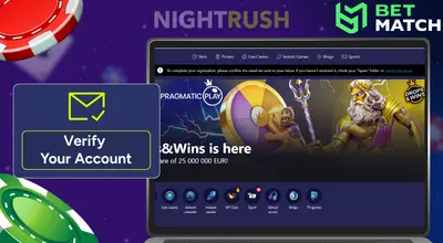 Betmatch's homepage on a laptop with two coins and a verify button against a purple background.