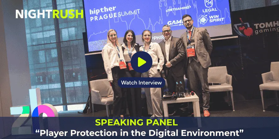 Panel discussion on 'Player Protection in the Digital Environment' at the Hipther Prague Summit 2026, featuring key industry experts including Nightrush’s team.