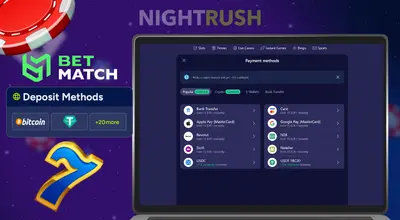 Betmatch on a laptop with a deposit button and casino items against a purple background.