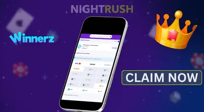 Winnerz’s deposits on a phone with a crown and a claim now button against a purple background.