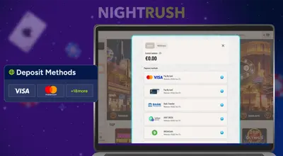 A laptop displays a list of deposit methods like Visa and Mastercard on a casino payment screen.