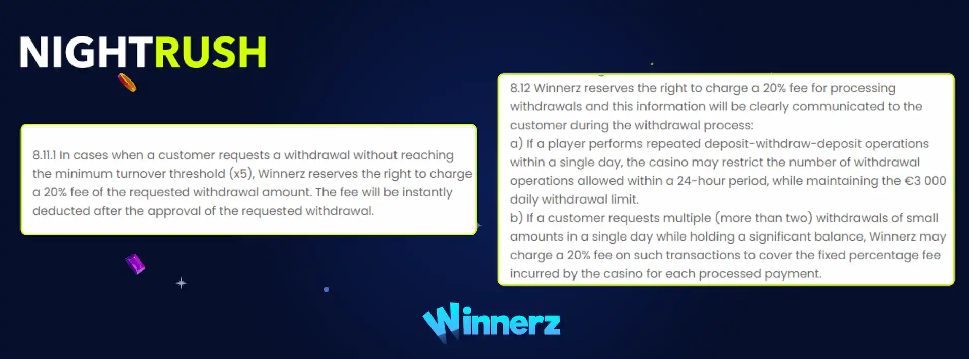 Winnerz Casino's terms about withdrawal fees highlighted on a screen against a starry background.