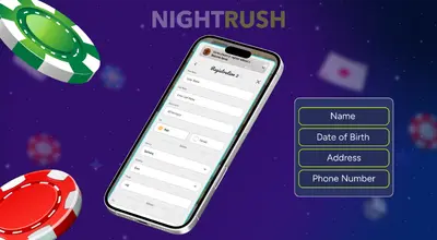 A mobile phone shows a registration form, part of the Wyns online casino setup.