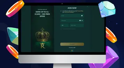 The monitor screen shows the registration form on Royalen.