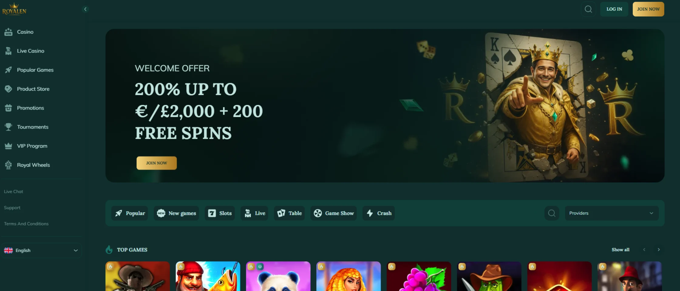 Screenshot of Royalen Casino’s homepage