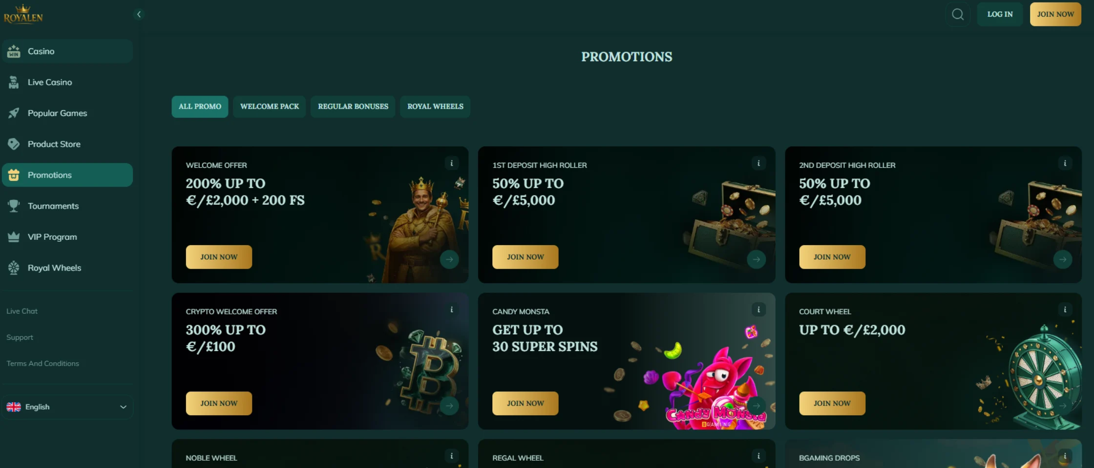 Screenshot of Royalen Promotions page