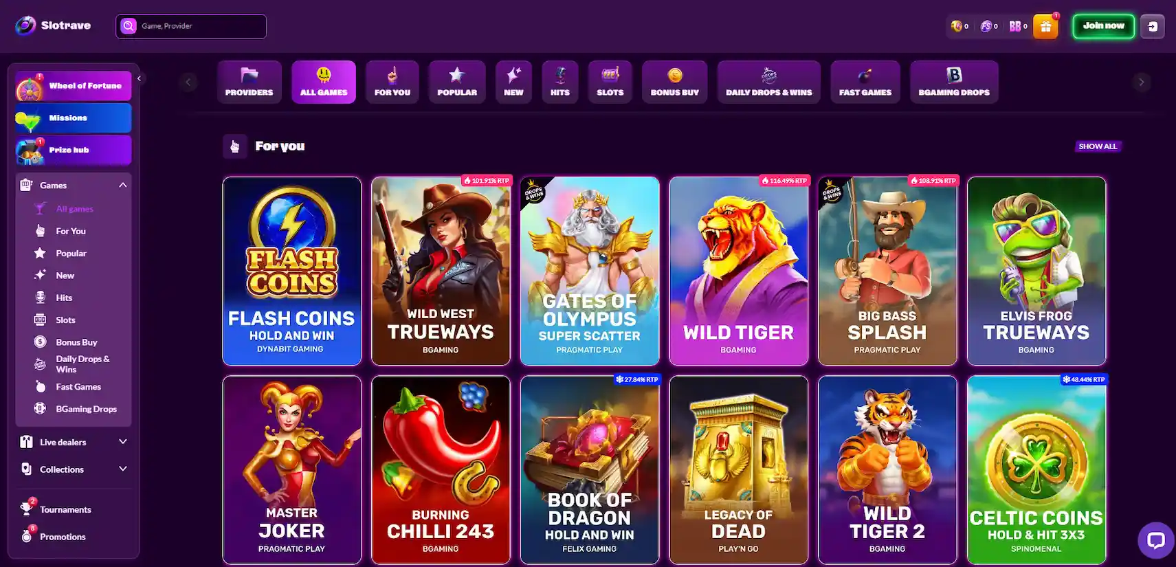 Slotrave Casino games page