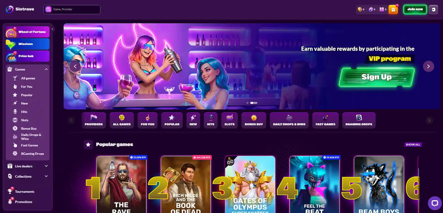 Slotrave Casino homepage screen