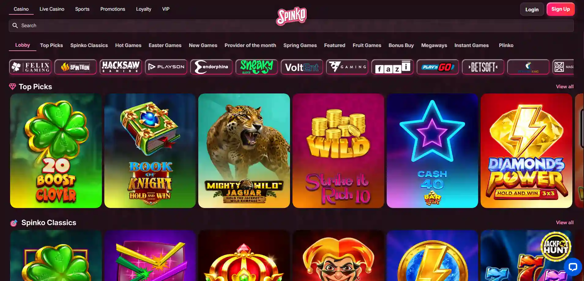Spinko Casino games page