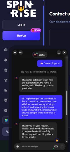 Live chat conversation on Spinrise Casino against a black background.