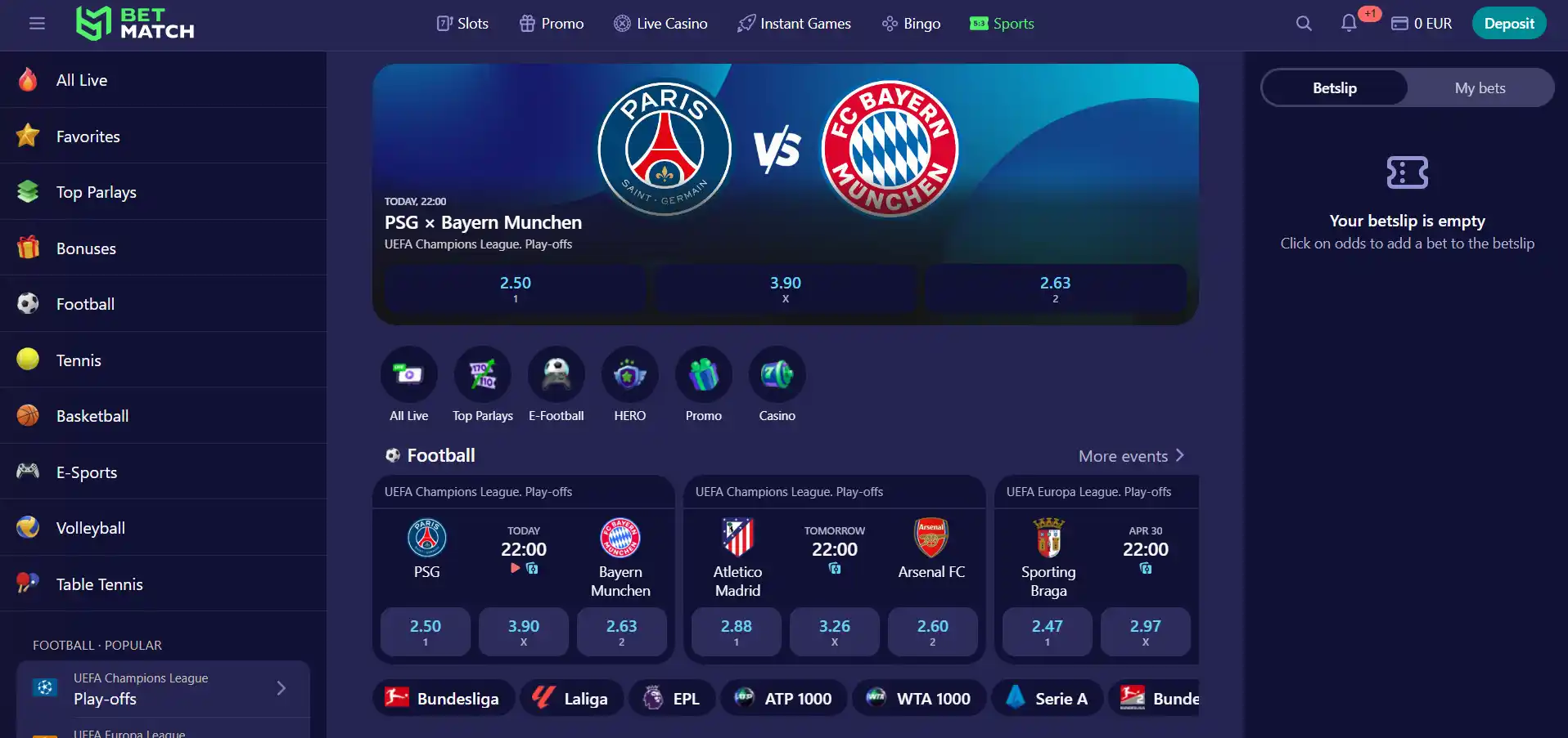 Betmatch's sports betting with several categories and filters against a blue background.