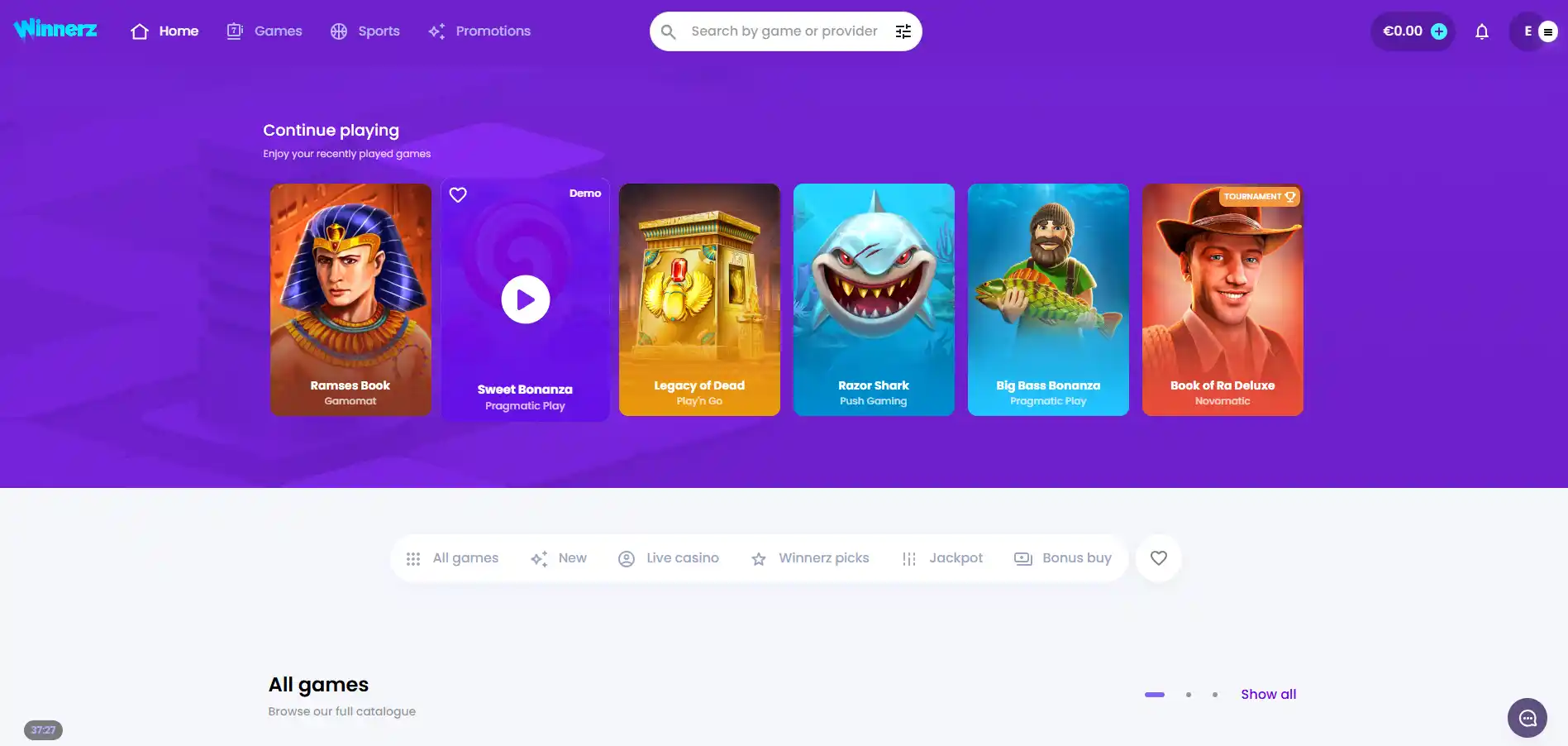 Winnerz Casino's main page with games, a search bar, and filters against a white background.