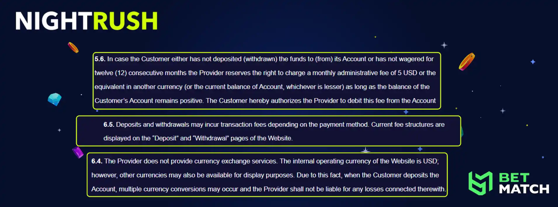 Betmatch's dormant accounts, transactions, and conversion fees against a blue background.