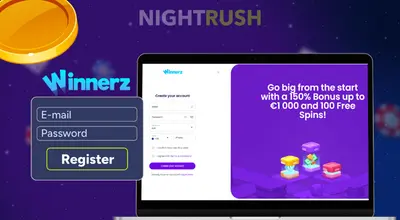 Winnerz’s registration on a laptop with a coin and a register button against a purple background.