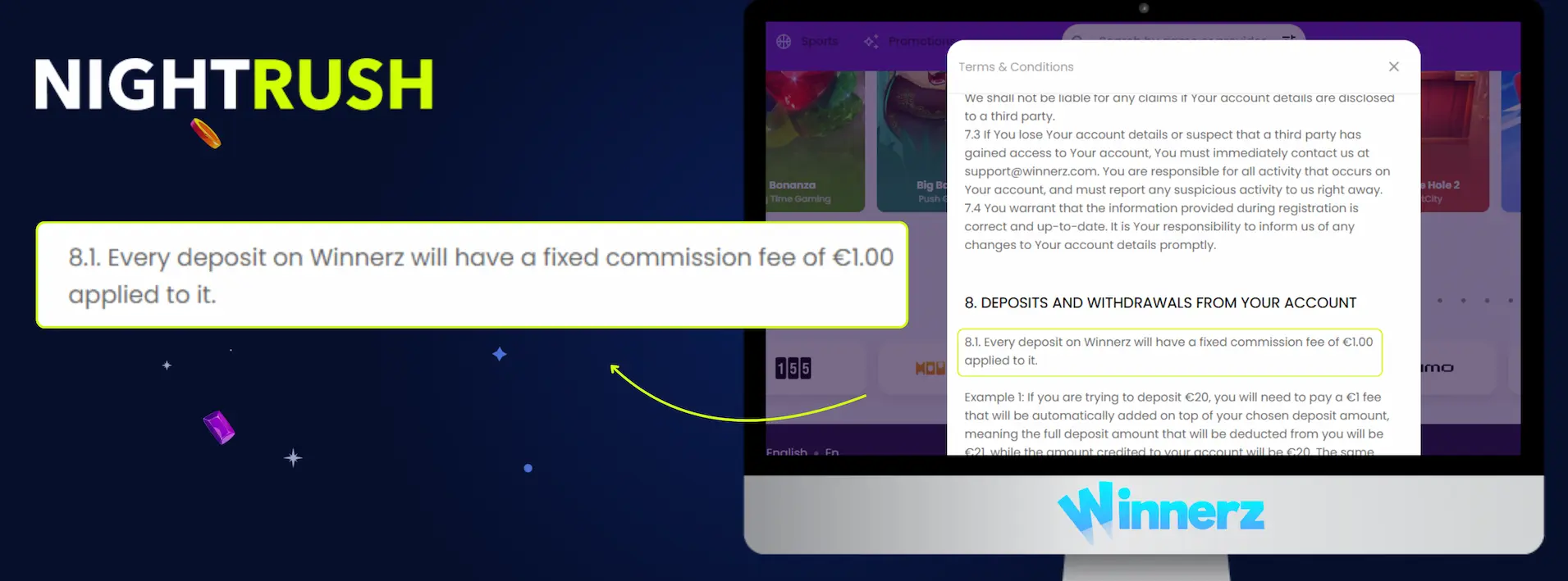 Winnerz Casino's terms about a deposit fee highlighted on a screen against a starry background.
