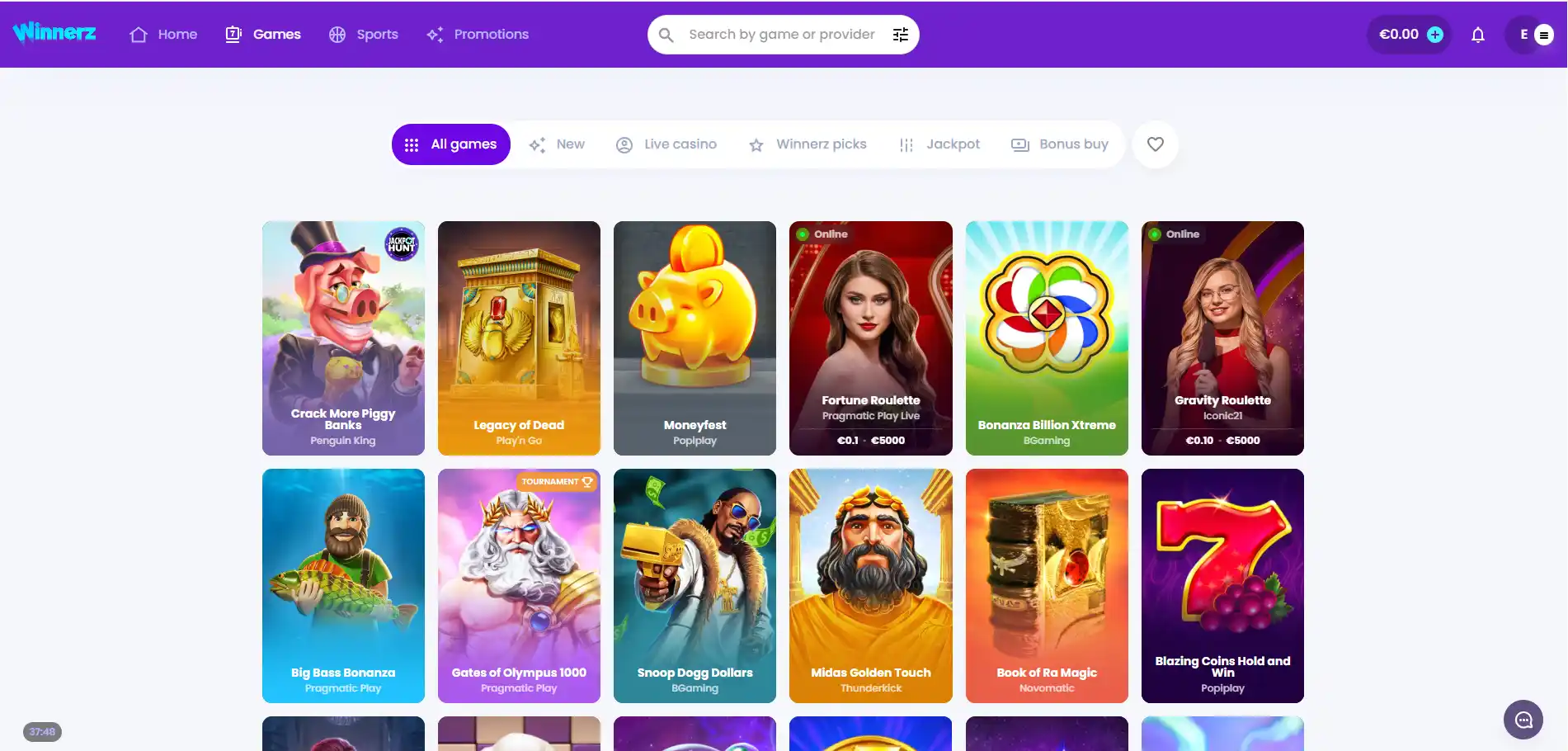Winnerz Casino's all games with selected titles, a search bar, and filters against a white background.