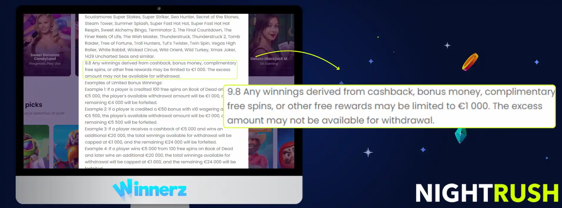 Winnerz Casino's terms about FS winnings highlighted on a screen against a starry background.