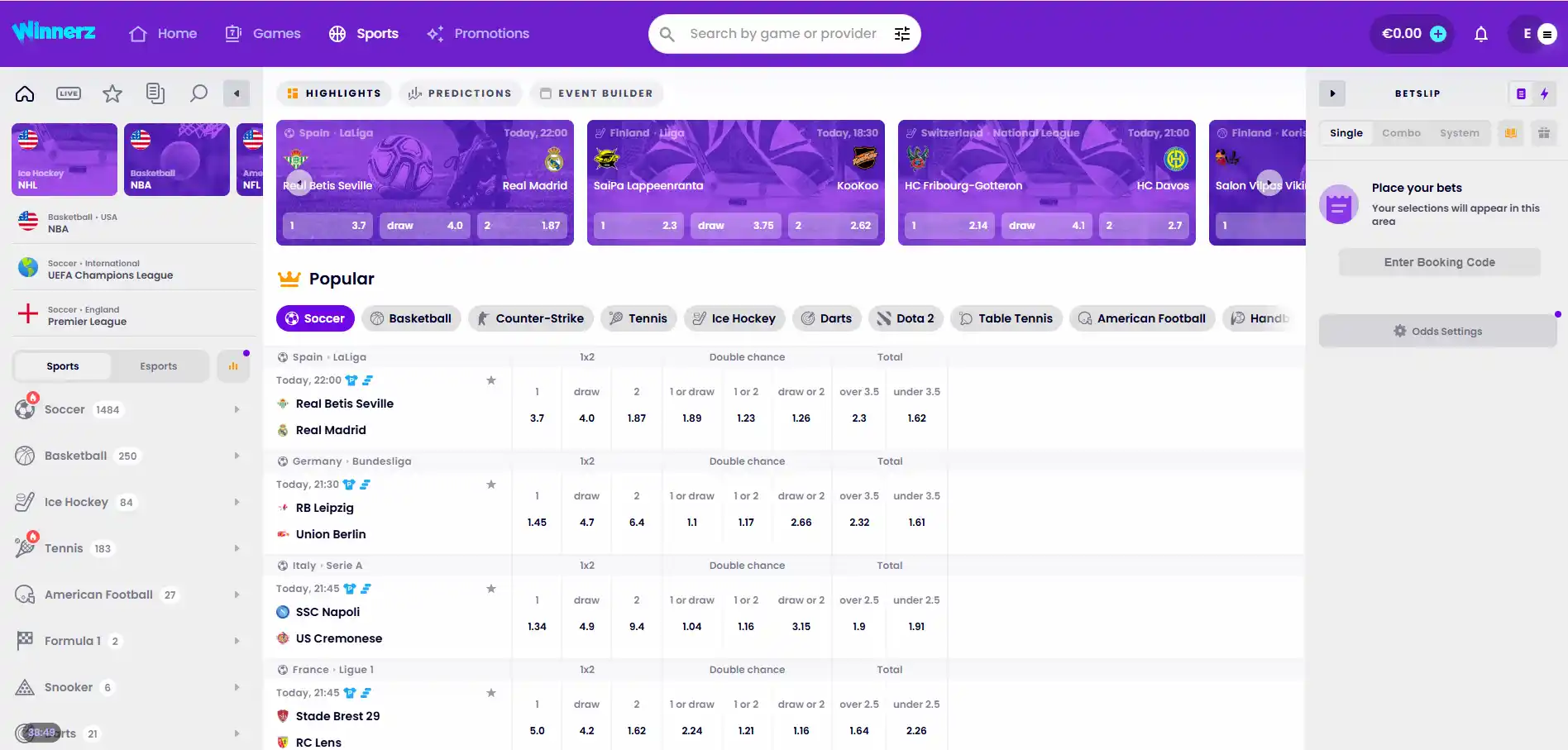 Winnerz Casino's sportsbook with selected events, a search bar, and filters against a white background.