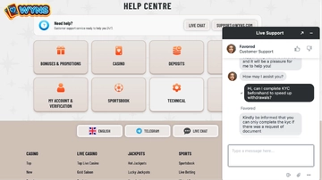 Live chat with Wyns Casino on desktop.