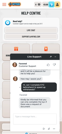 Live chat with Wyns Casino on mobile.