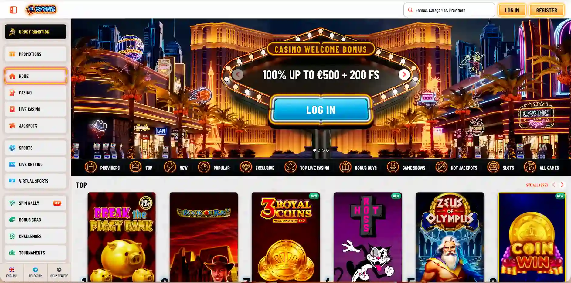 Wyns Casino homepage.
