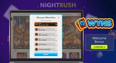 A laptop displays an online casino's welcome bonus choice overlay against a starry sky.