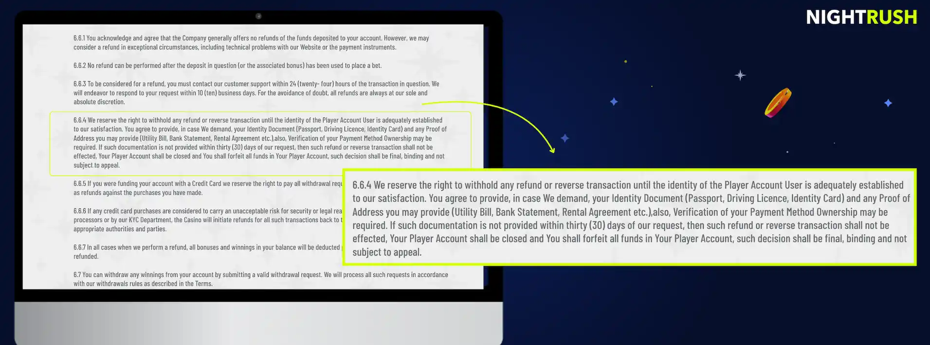 A laptop screen displays Wyns Casino terms and conditions with a magnified view of the KYC policy.