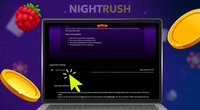 Jackpot on the laptop with a berry, two coins, and a Huzzin logo.