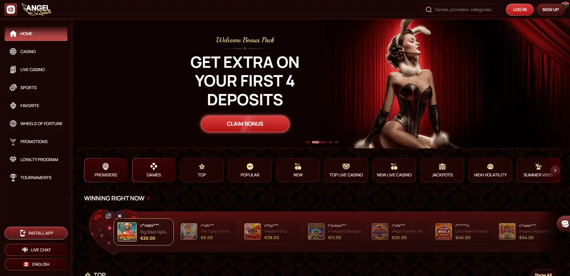 AngelSpins Casino homepage screen