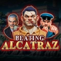 Logo for Beating Alcatraz featuring an inmate smoking a cigar flanked by two guards.